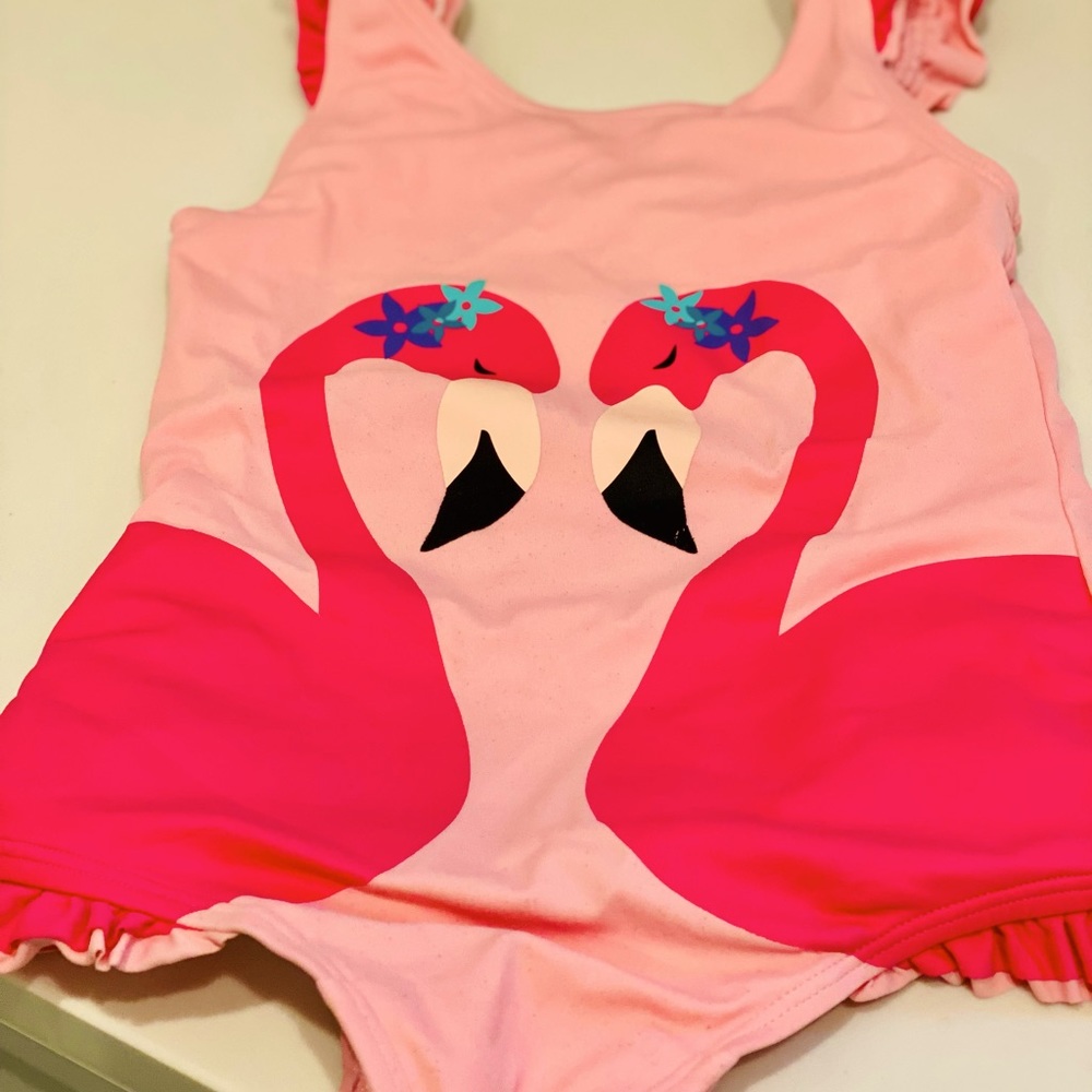 Flamingo Pink One Piece Swimsuit Girls Size 140 US10) good used condition
